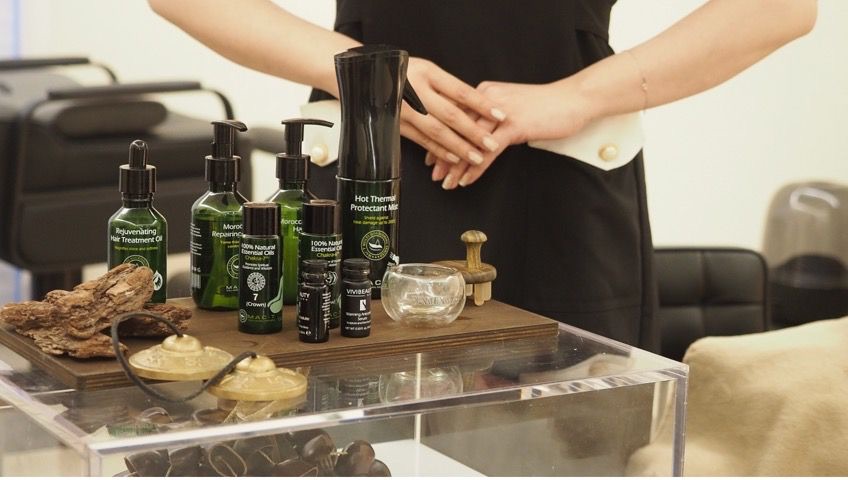 Luxury hair care products display at boutique head spa in Bellevue Seattle