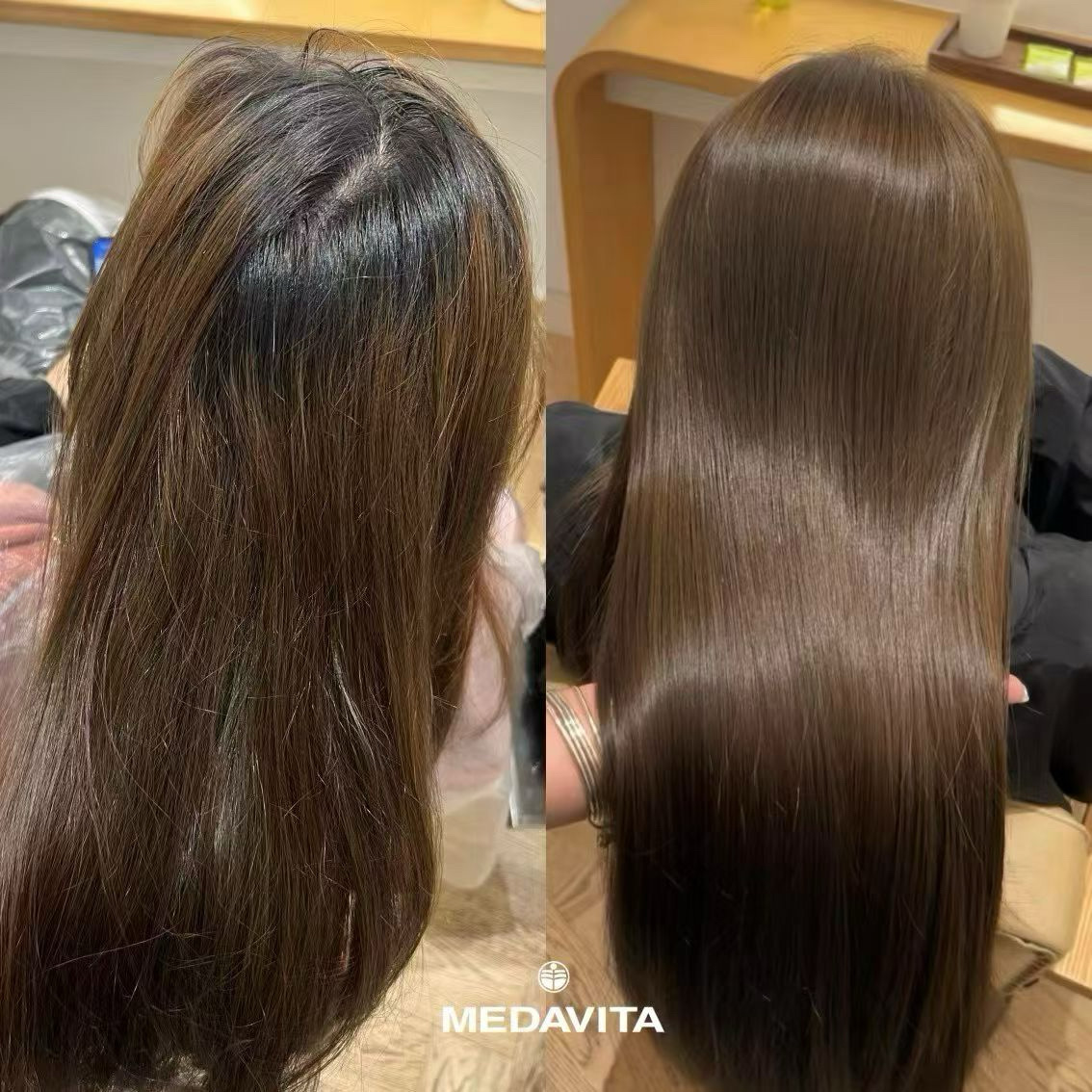 Before and after head spa treatment showing smooth, shiny, revitalized hair results